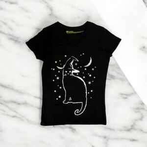 Halloween SM Witchy Black Cat Metallic Stars T-shirt